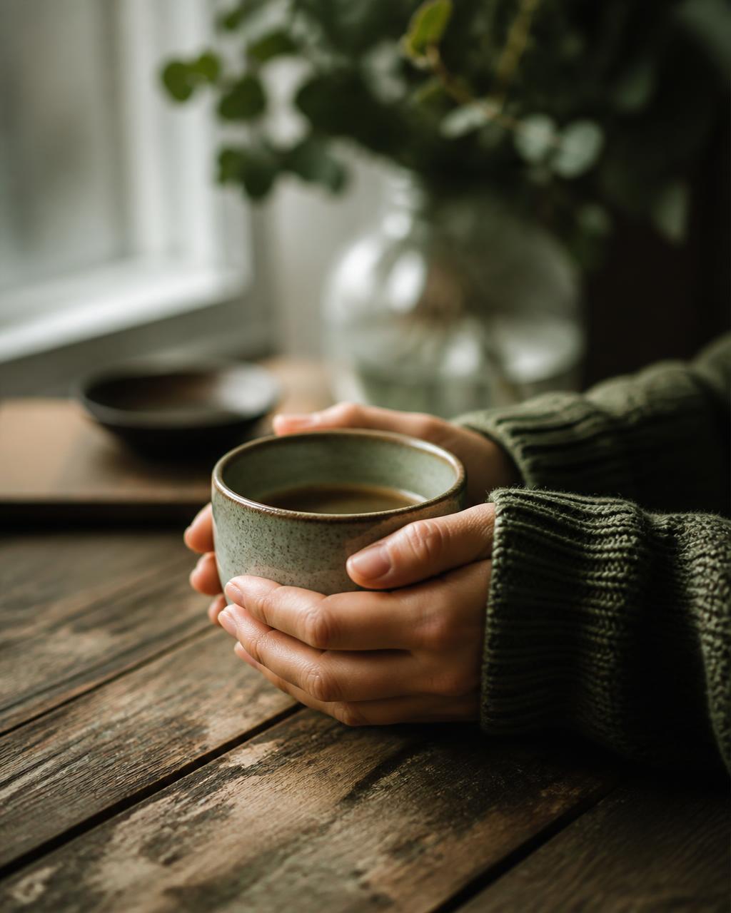 Hands wrapped around a warm ceramic mug on a wooden table in soft morning light