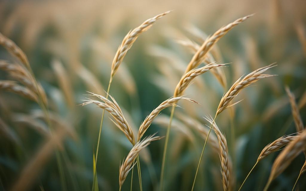 Tall seed-headed grasses bending in the wind at dusk