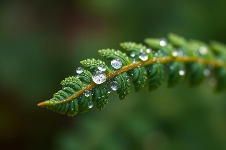 A dew-covered fern frond in close focus against soft green shade