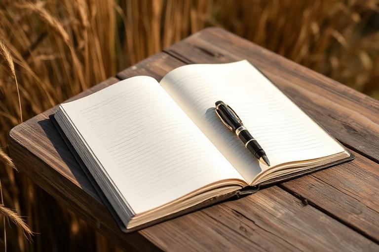 An open notebook and pen on a weathered wooden table beside dried grasses