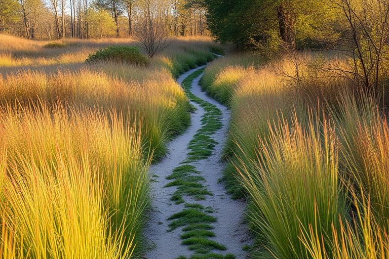 A narrow footpath winding through tall grasses in late afternoon light