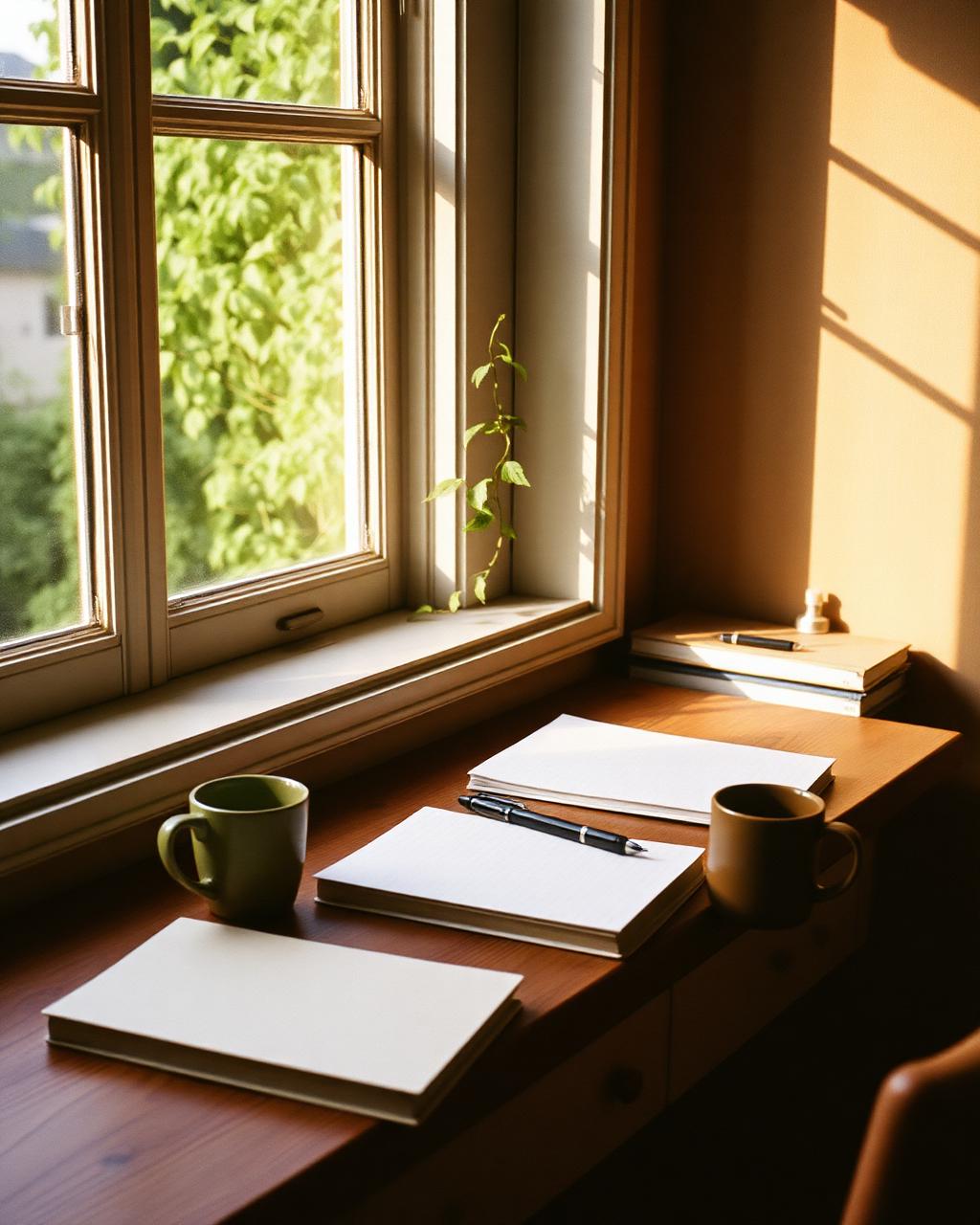 A writer's desk with an open notebook, pen and a warm cup in soft window light