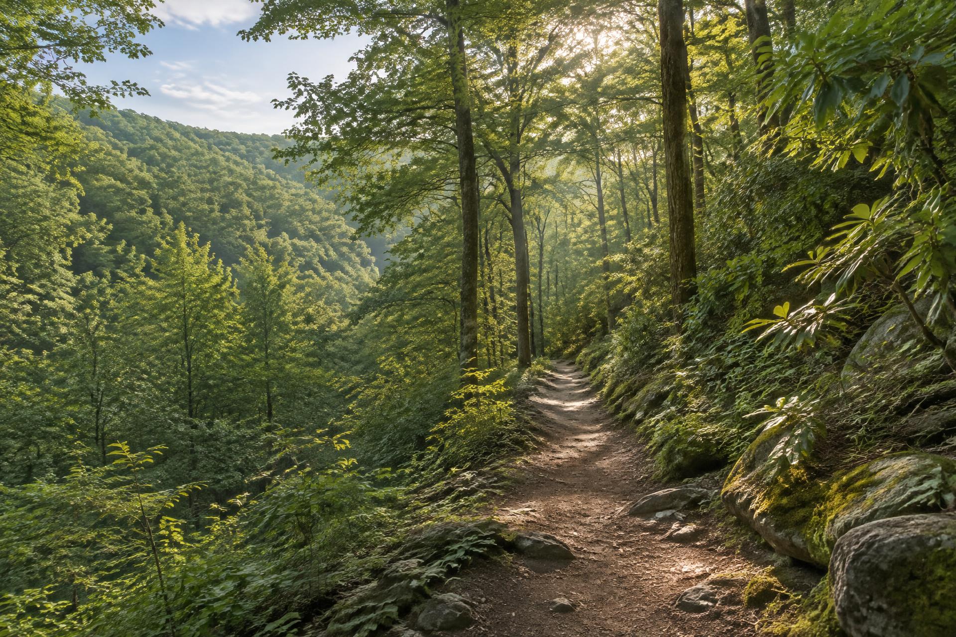 A sunlit path leading through a green forest